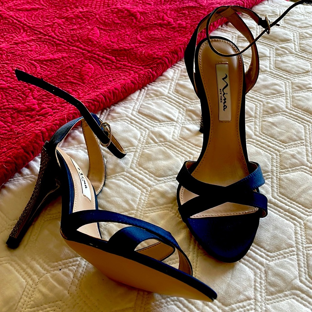 Nina heels size 8(38), Navy satin with crystal inlaid heels